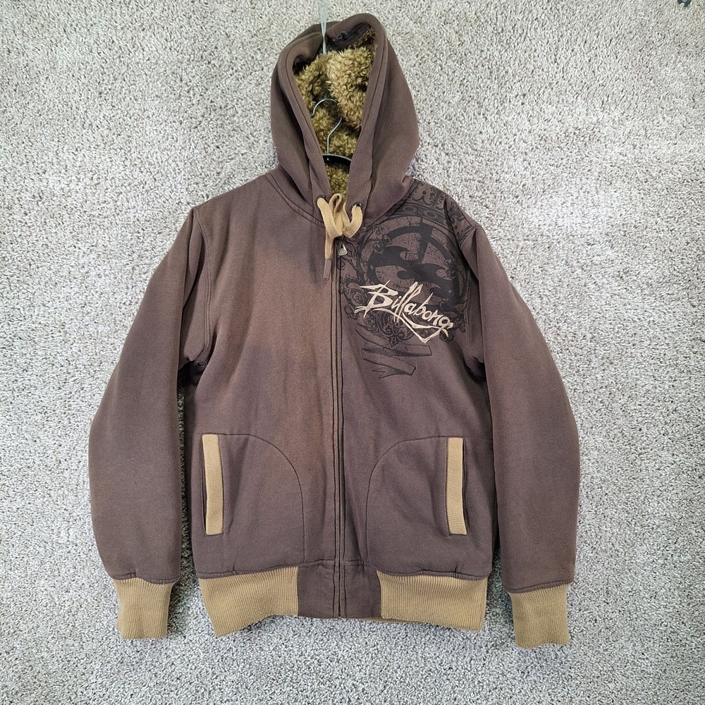 Vintage Billabong Hoodie Mens M Brown Full Zip Sherpa Lined Graphic Y2K Faded
